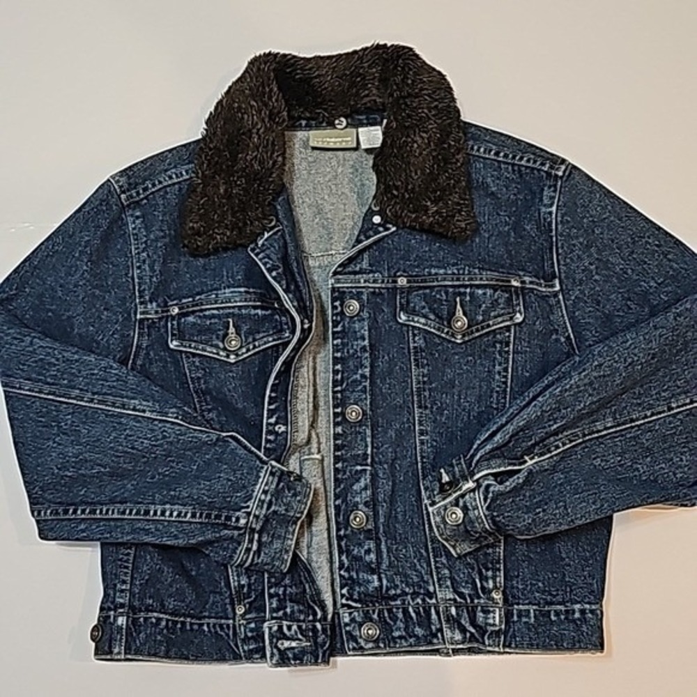 Liz Claiborne Denim Jacket Womens Large Blue Excellent Detachable Fur Collar